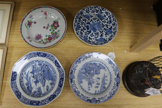 Three Chinese blue and white dishes and a famille rose bowl largest measurement 24cm diameter